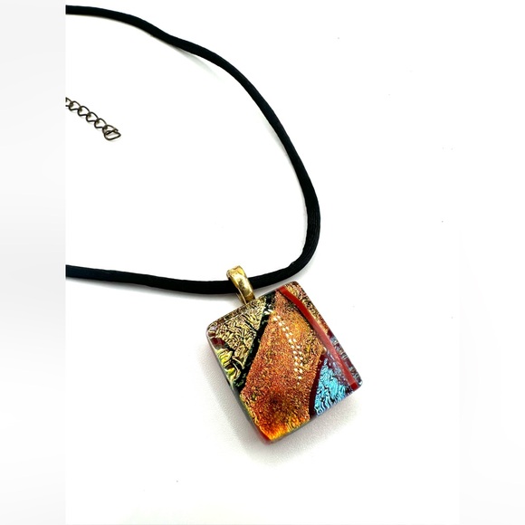 Dichroic Art Glass Pendant Necklace 21” Black Cord with Extender Handcrafted - Picture 2 of 8